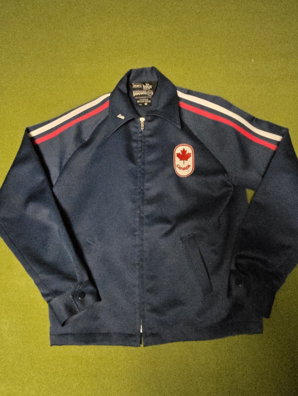 70's Sears Navy Bomber Jacket with Red & White Stripe Accents